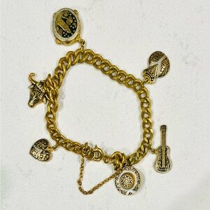 Vintage Damascene Style Charm Bracelet Gold Tone 6.75”, 1960s